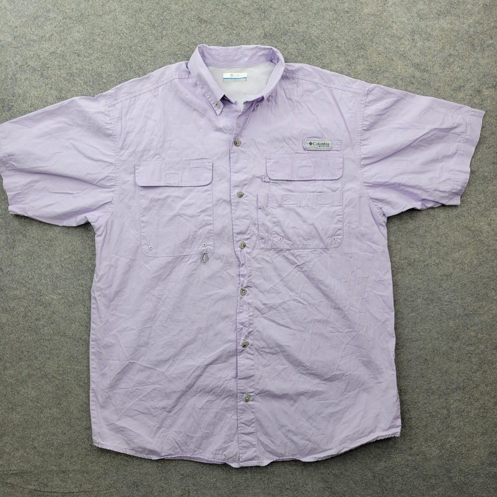 Columbia PFG Shirt Mens Small Purple Short Sleeve Button Fishing Performance Top